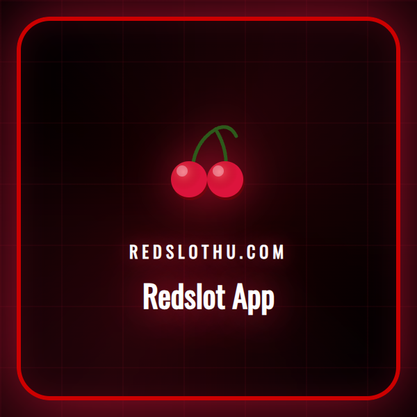 A Redslot App logója egy okostelefon képernyőjén, háttérben pörgő nyerőgépes szimbólumokkal.